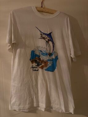 White Graphic T-Shirt with Blue Marlin and Boat
